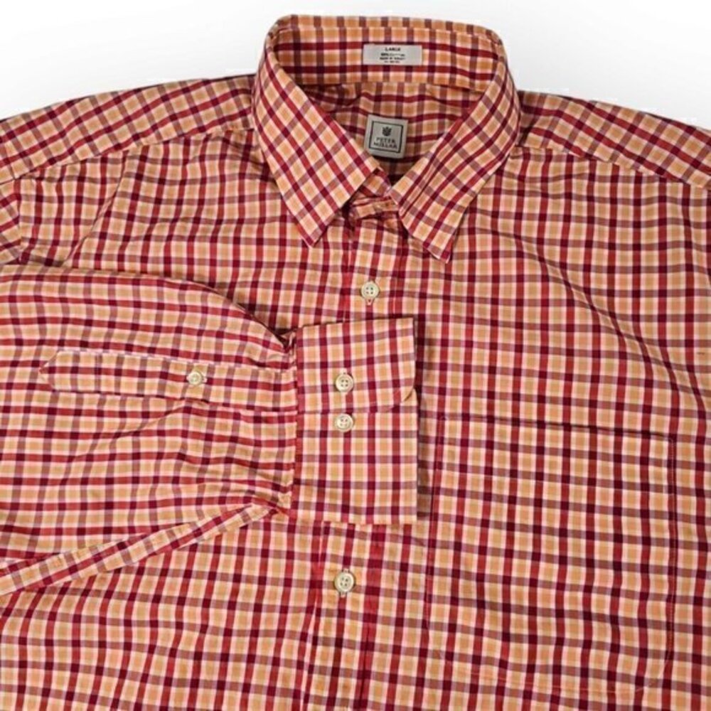 Peter Millar Mens Large 100% Cotton Red, Orange Check Long‎ Sleeve Shirt